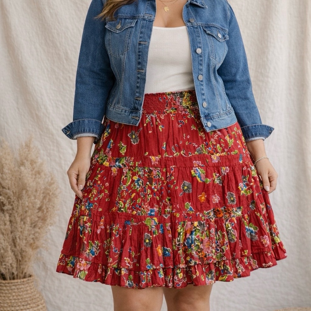 Chelsea & Theodore Red Floral A-Line Skirt